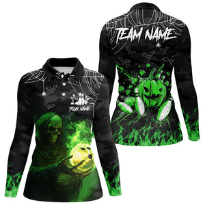 Black Bowling Camo Green flame Skull Custom Halloween Bowling Shirts For Women, Bowling Team Jerseys NQS8500