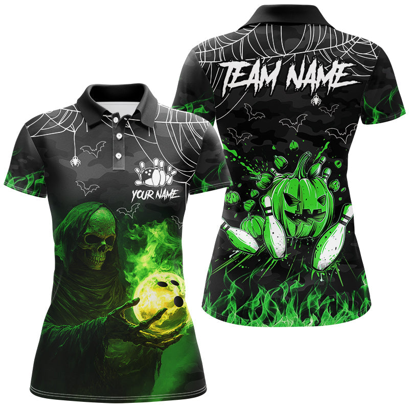 Black Bowling Camo Green flame Skull Custom Halloween Bowling Shirts For Women, Bowling Team Jerseys NQS8500