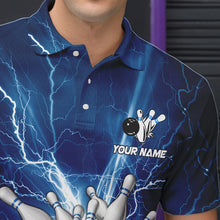 Load image into Gallery viewer, Mens polo bowling shirts Custom blue lightning thunder Bowling Team Jersey, gift for team Bowlers NQS6638