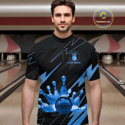 Custom Black and Blue Bowling Polo, Quarter Zip Shirts for Men, Team Bowling League Jersey NQS10892