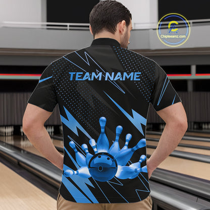 Custom Black and Blue Bowling Polo, Quarter Zip Shirts for Men, Team Bowling League Jersey NQS10892