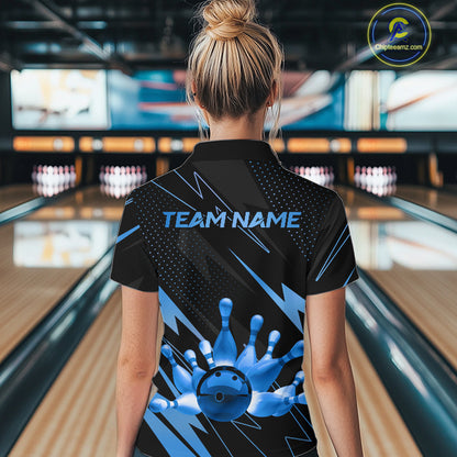 Custom Black and Blue Bowling Polo, Quarter Zip Shirts for Women, Team Bowling League Jersey NQS10892