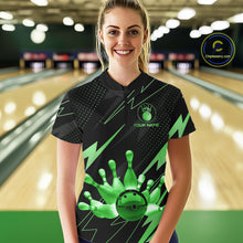 Load image into Gallery viewer, Custom Black and Green Bowling Polo, Quarter Zip Shirts for Women, Team Bowling League Jersey NQS10893