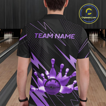 Custom Black and Purple Bowling Polo, Quarter Zip Shirts for Men, Team Bowling League Jersey NQS10894