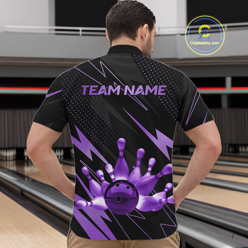 Custom Black and Purple Bowling Polo, Quarter Zip Shirts for Men, Team Bowling League Jersey NQS10894