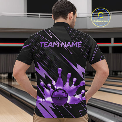 Custom Black and Purple Bowling Polo, Quarter Zip Shirts for Men, Team Bowling League Jersey NQS10894