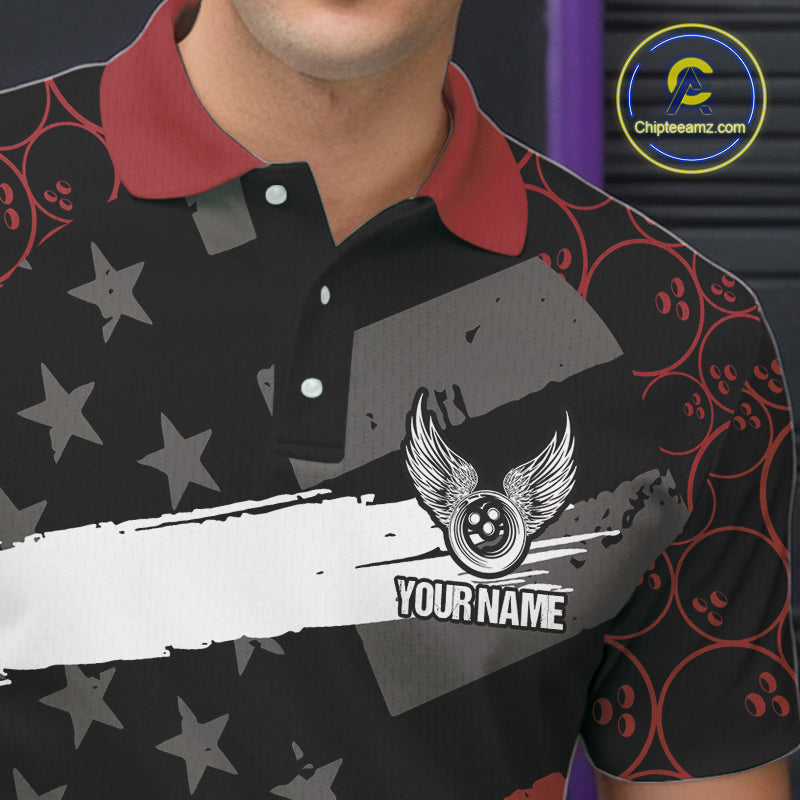 Black American flag Men bowling shirts Custom bowling camo Team Jerseys, gift for Bowlers | Red NQS10895