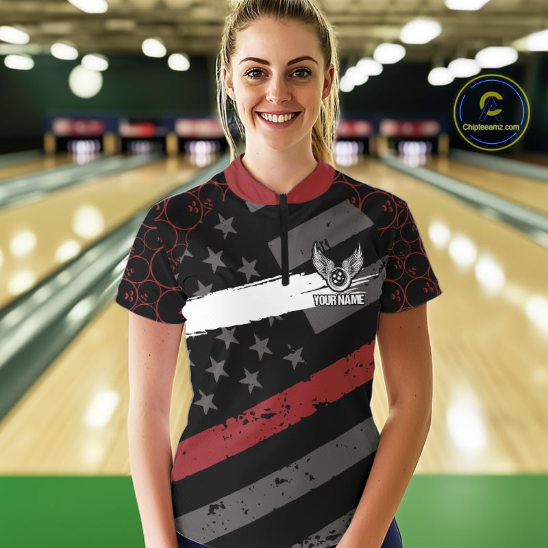 Black American flag Women bowling shirts Custom bowling camo Team Jerseys, gift for Bowlers | Red NQS10895