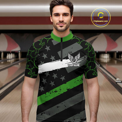 Black American flag Men bowling shirts Custom bowling camo Team Jerseys, gift for Bowlers | Green NQS10896