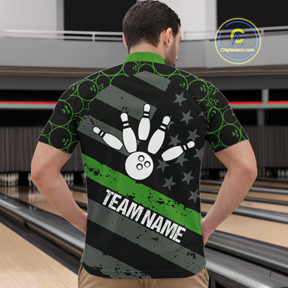 Black American flag Men bowling shirts Custom bowling camo Team Jerseys, gift for Bowlers | Green NQS10896