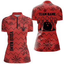 Load image into Gallery viewer, Red Ugly Christmas snowflake pattern Women Bowling Polo, 1/4 zip shirt Custom Xmas Team Bowling Jersey NQS8972