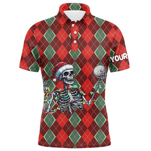 Funny Skull Christmas argyle plaid pattern Mens golf polo shirt custom Christmas golf outfits for mens NQS8975