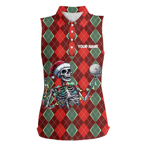 Funny Skull Christmas argyle plaid pattern Women sleeveless polo Shirt custom Xmas ladies golf outfits NQS8975