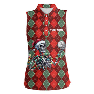 Funny Skull Christmas argyle plaid pattern Women sleeveless polo Shirt custom Xmas ladies golf outfits NQS8975