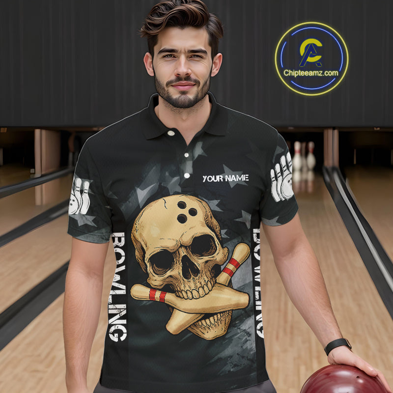 Personalized Black American Flag Skull Bowling Shirts For Men Custom Team's Name Skull Bowler Jerseys NQS11082