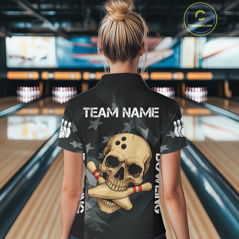 Personalized Black American Flag Skull Bowling Shirt For Women Custom Team's Name Skull Bowler Jersey NQS11082