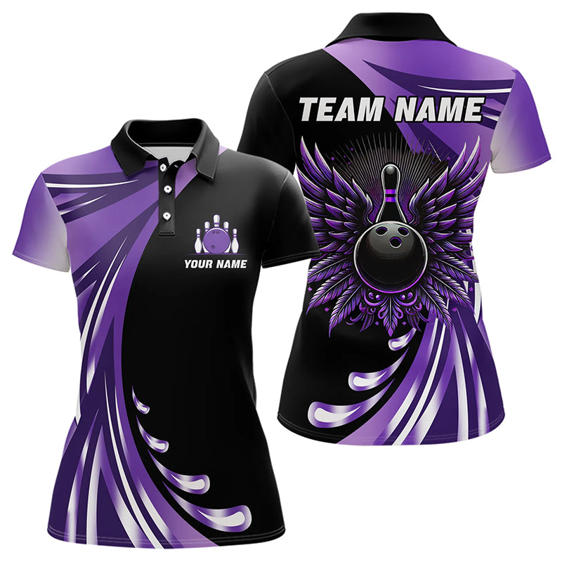 Black and Purple Bowling Ball and Pins wings Bowling Shirts for Women Custom Team Bowling Jerseys NQS9209