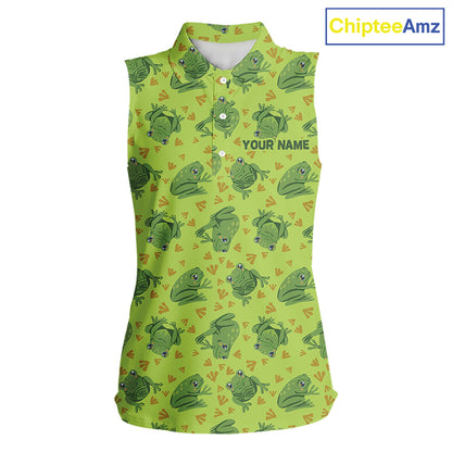 Funny Green Frog pattern Women Sleeveless polo shirt Custom ladies golf top, personalized golf gifts NQS11284