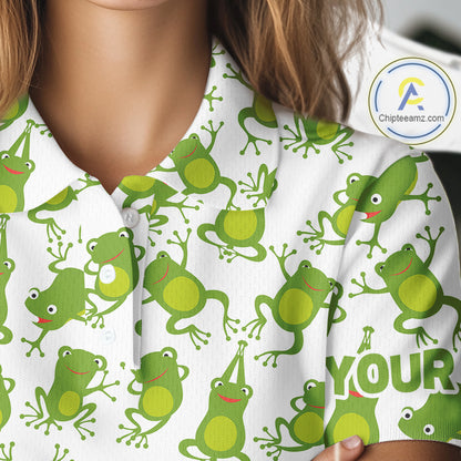 Funny Green Frog pattern Womens Golf polo shirts Custom golf attire for ladies, gift for golfers NQS11285