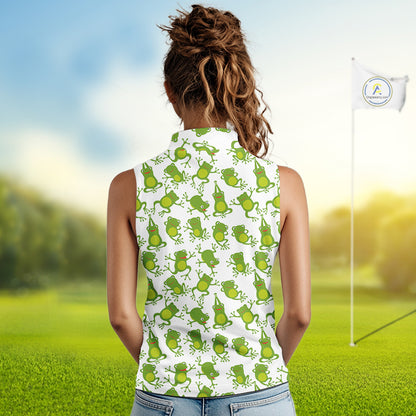 Funny Green Frog pattern Women Sleeveless polo shirt Custom golf attire for ladies, gift for golfers NQS11285