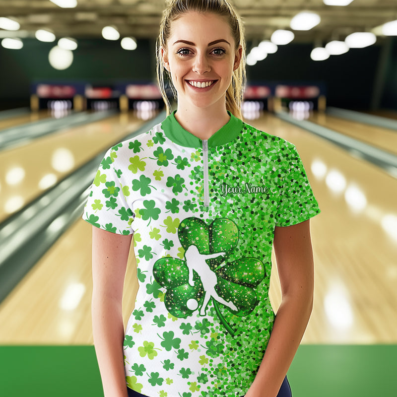 Green glitter shamrock clover Bowling shirts for Women custom St Patrick day Bowling Team Jerseys NQS9463