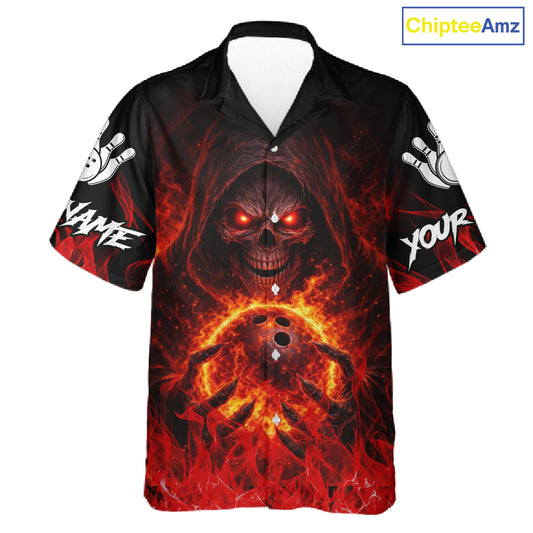 Black And Red Flame Skull Reaper hawaiian bowling shirts, Personalized button up bowling shirts NQS11491