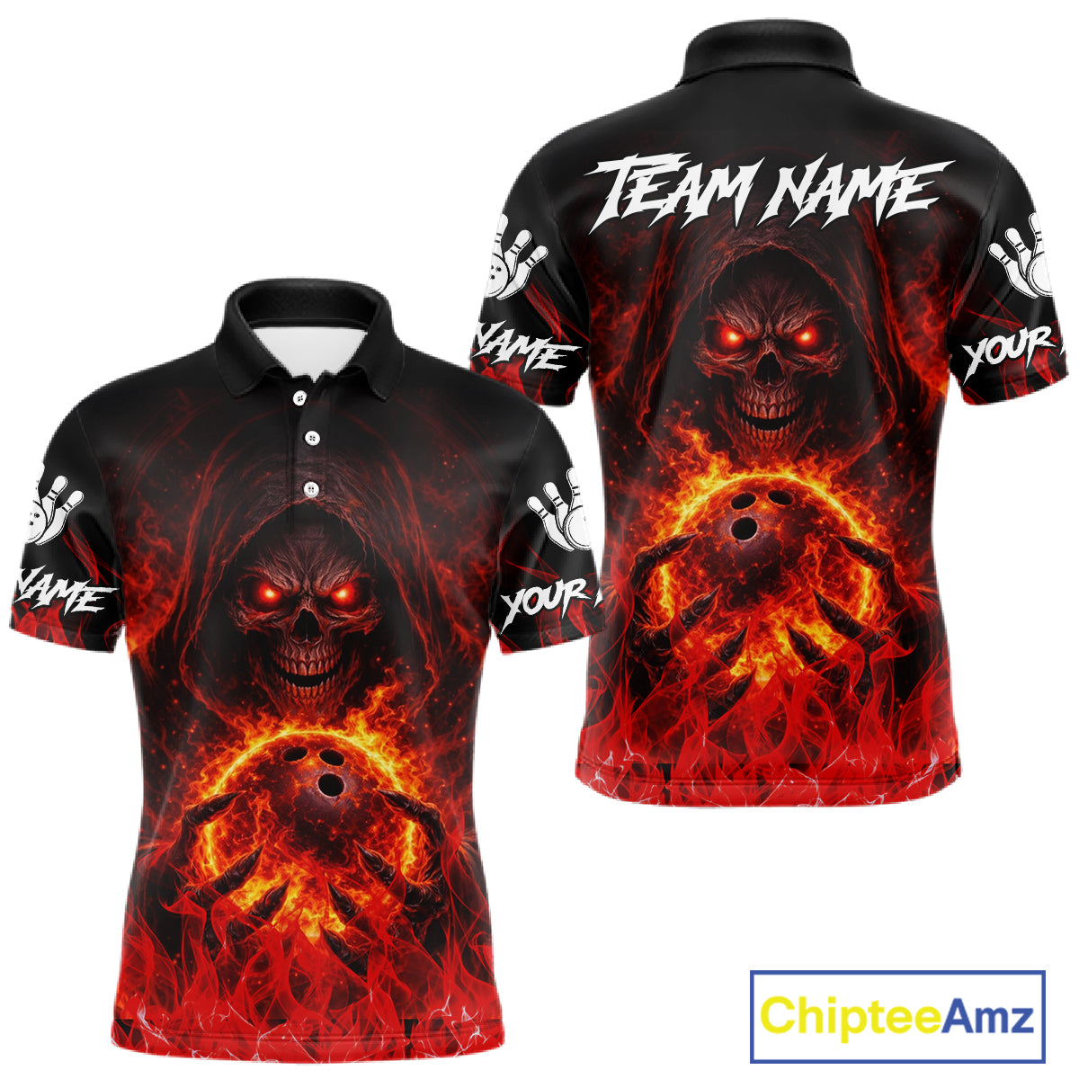 Black And Red Flame Skull Reaper Men's Bowling Shirts, Personalized bowling outfit men bowling jersey NQS11491