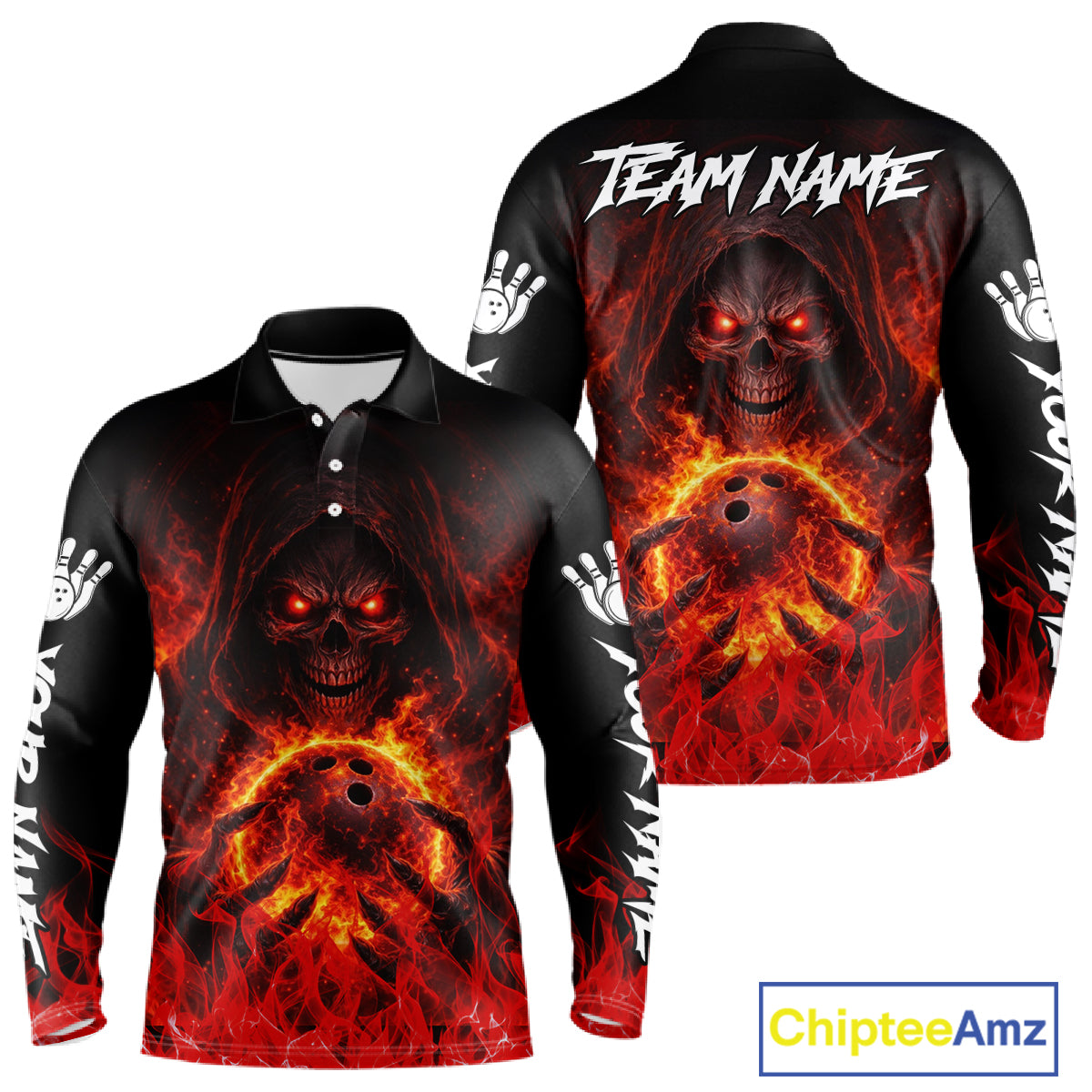 Black And Red Flame Skull Reaper Men's Bowling Shirts, Personalized bowling outfit men bowling jersey NQS11491