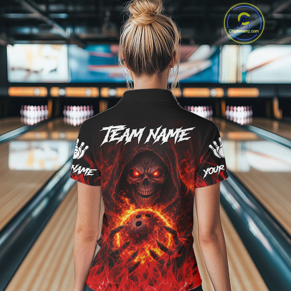 Black And Red Flame Skull Reaper Womens bowling shirt, Personalized Bowling Jerseys Women NQS11491