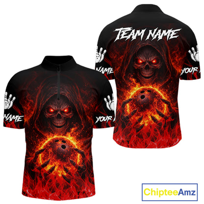 Black And Red Flame Skull Reaper Men's Bowling Shirts, Personalized bowling outfit men bowling jersey NQS11491