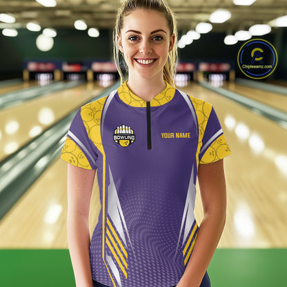 Purple And Yellow Custom bowling shirts for Women, Personalized bowling outfit team bowling jersey NQS11493