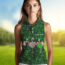 Load image into Gallery viewer, Funny Womens sleeveless polo shirt green clover St Patrick day custom Flamingo golf friends NQS4742