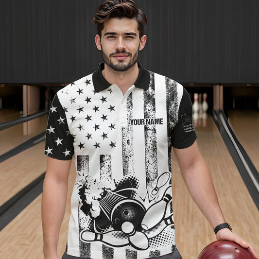 Personalized Black and White American Flag Retro Bowling shirts for Men, Patriotic Bowling Team Jersey NQS9567