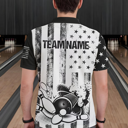 Personalized Black and White American Flag Retro Bowling shirts for Men, Patriotic Bowling Team Jersey NQS9567