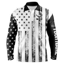 Load image into Gallery viewer, Personalized Black &amp; White American Flag Retro Men golf polo shirts Custom Patriotic golf top for men NQS9568