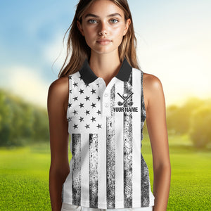 Personalized Black & White American Flag Retro Women sleeveless polo shirt Patriotic laies golf top NQS9568