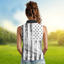 Load image into Gallery viewer, Personalized Black &amp; White American Flag Retro Women sleeveless polo shirt Patriotic laies golf top NQS9568