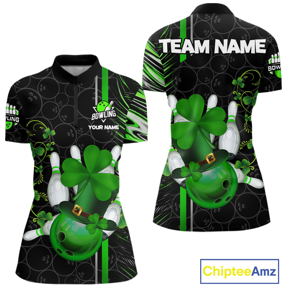 Black and Green Camo Bowling shirts for Women Custom St Patrick Shamrock Lucky Team bowling Jersey NQS11671