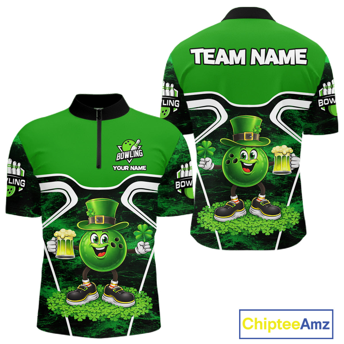 Funny Bowling and Beer Green Shamrock Bowling shirts for Men Custom St Patrick Team bowling Jerseys NQS11672