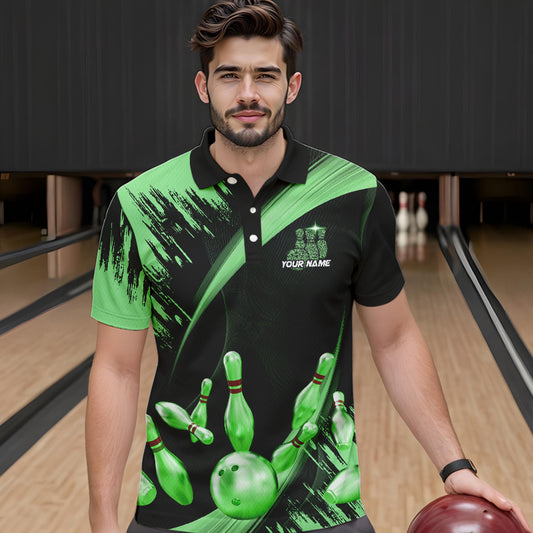 Personalized Black and Green Bowling Polo, Quarter Zip Shirts For Mens Custom Bowling Team Jersey NQS9724