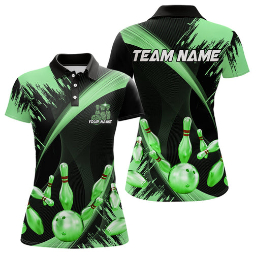 Personalized Black and Green Bowling Polo, Quarter Zip Shirts For Women Custom Bowling Team Jersey NQS9724