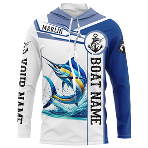 Blue and white Marlin fishing UV protection Customize name and boat name long sleeves fishing shirts NQS1842