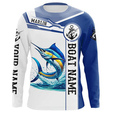 Load image into Gallery viewer, Blue and white Marlin fishing UV protection Customize name and boat name long sleeves fishing shirts NQS1842