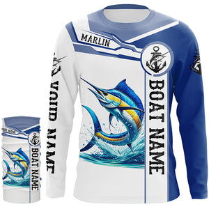 Blue and white Marlin fishing UV protection Customize name and boat name long sleeves fishing shirts NQS1842