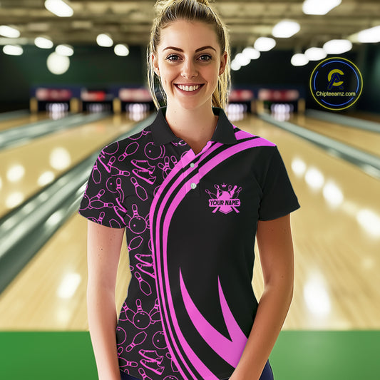 Black Women bowling shirts Custom Pink neon team league bowling jerseys, gifts for bowlers NQS9984