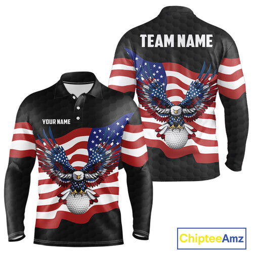 Black Golf pattern American Flag Eagle Men golf polo shirts Custom patriotic golf attire for mens NQS9986
