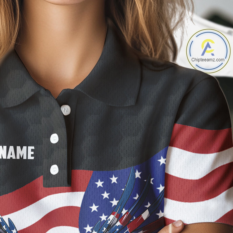 Black Golf pattern American Flag Eagle Women golf polo shirts Custom patriotic ladies golf attire NQS9986