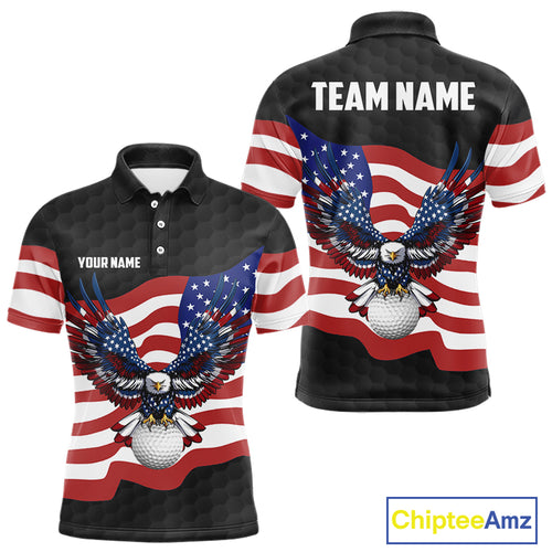 Black Golf pattern American Flag Eagle Men golf polo shirts Custom patriotic golf attire for mens NQS9986