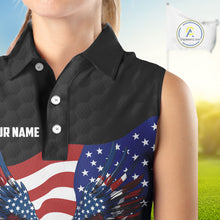 Load image into Gallery viewer, Black Golf pattern American Flag Eagle Women sleeveless golf polo shirts Custom patriotic golf attire NQS9986