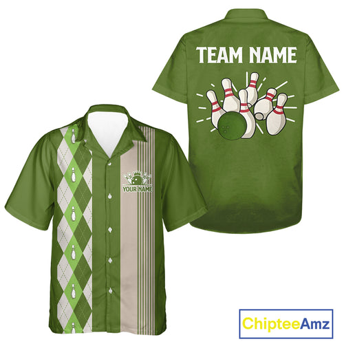 Retro Green argyle pattern Bowling Hawaiian shirt custom bowling team jerseys Bowler Outfits NQS10152